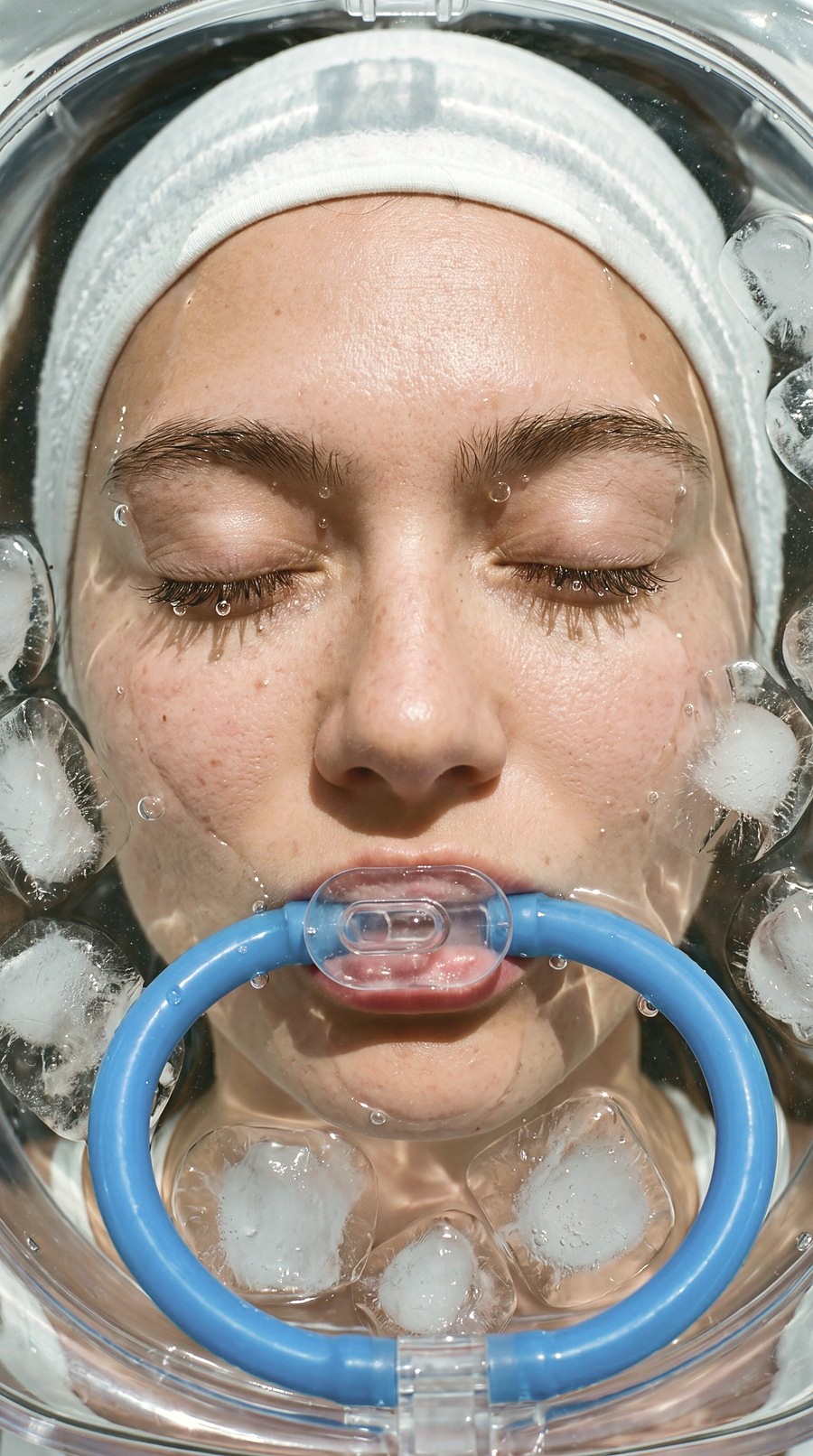 Close-up of a woman breathing through the FaceTub mouthpiece with her face underwater